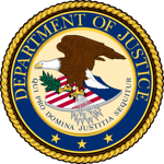 Official seal of the United States Department of Justice featuring a bald eagle and Latin motto.